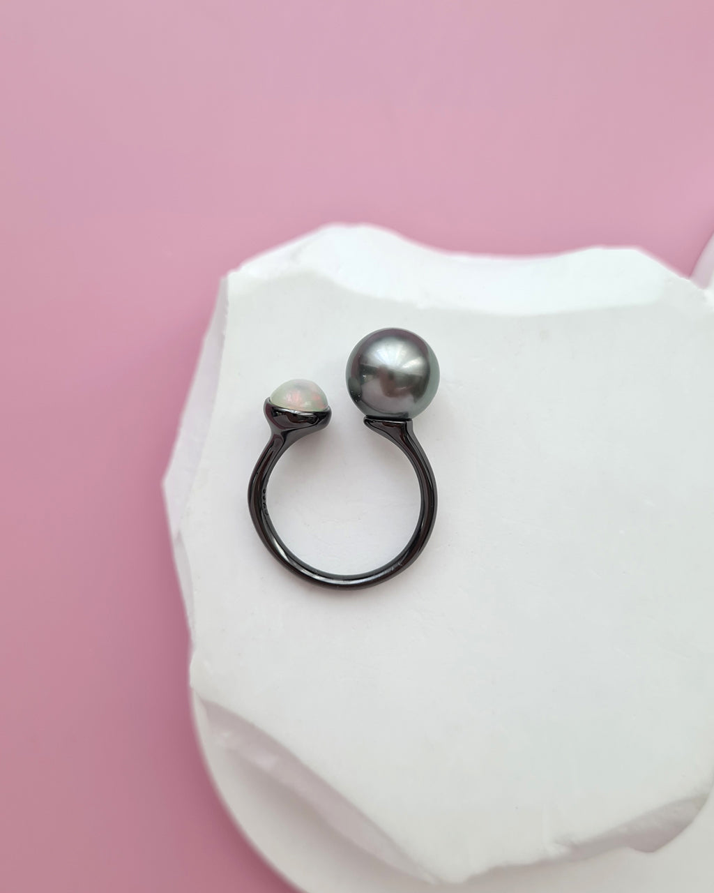Tahitian Pearl Open Ring in Black with Opal, Pearl Jewelry in Singapore