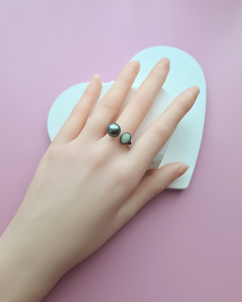 Tahitian Pearl Open Ring in Black with Opal, Pearl Jewelry in Singapore