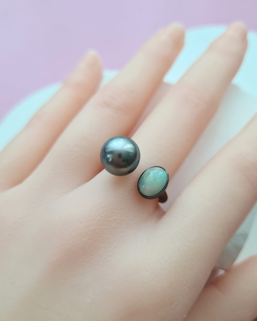 Tahitian Pearl Open Ring in Black with Opal, Pearl Jewelry in Singapore