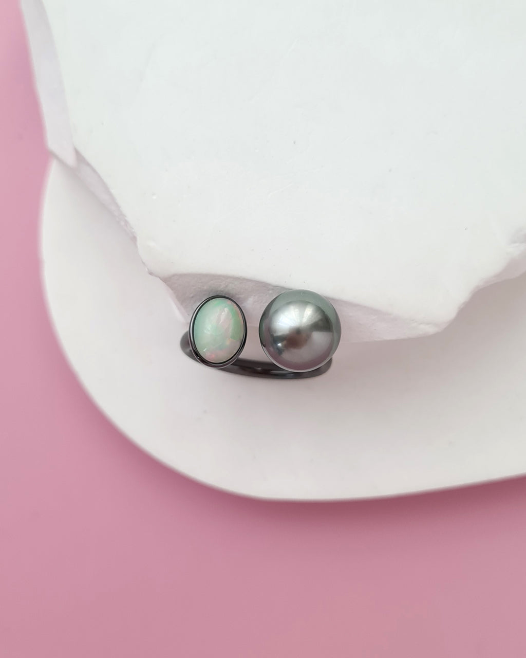 Tahitian Pearl Open Ring in Black with Opal, Pearl Jewelry in Singapore