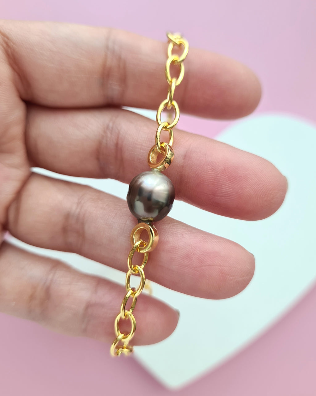 Tahitian Pearl Thick Chain Bracelet - Gold Pearl Jewelry in Singapore