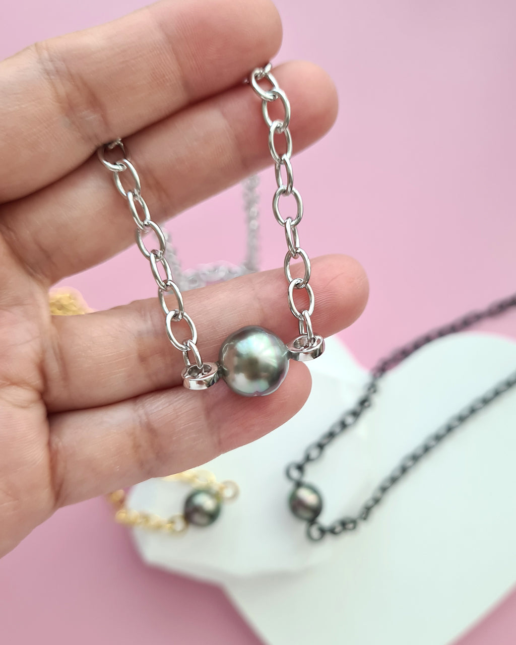 Tahitian Pearl Thick Chain Necklace - Silver Pearl Jewelry Singapore