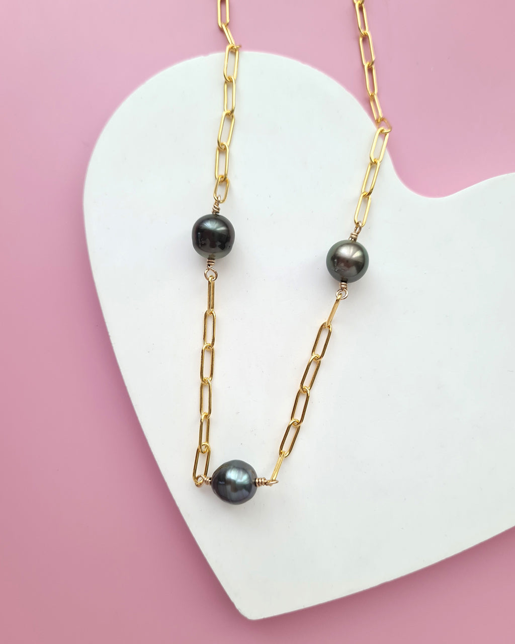 Triple Tahitian Pearl Thick Chain Necklace - Gold Pearl Jewelry in Singapore