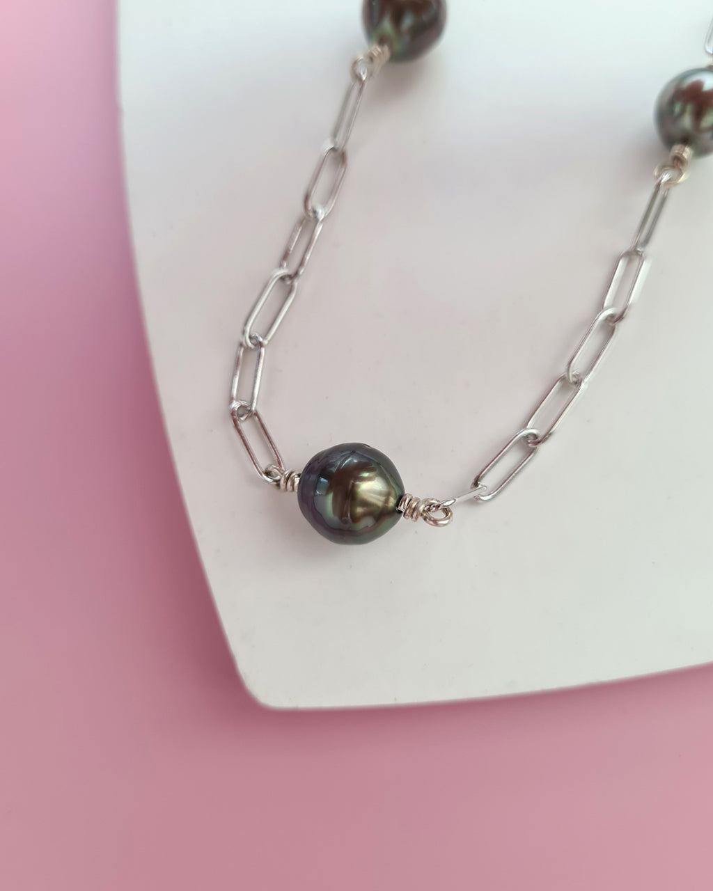 Triple Tahitian Pearl Thick Chain Necklace - Silver Pearl Jewelry in Singapore