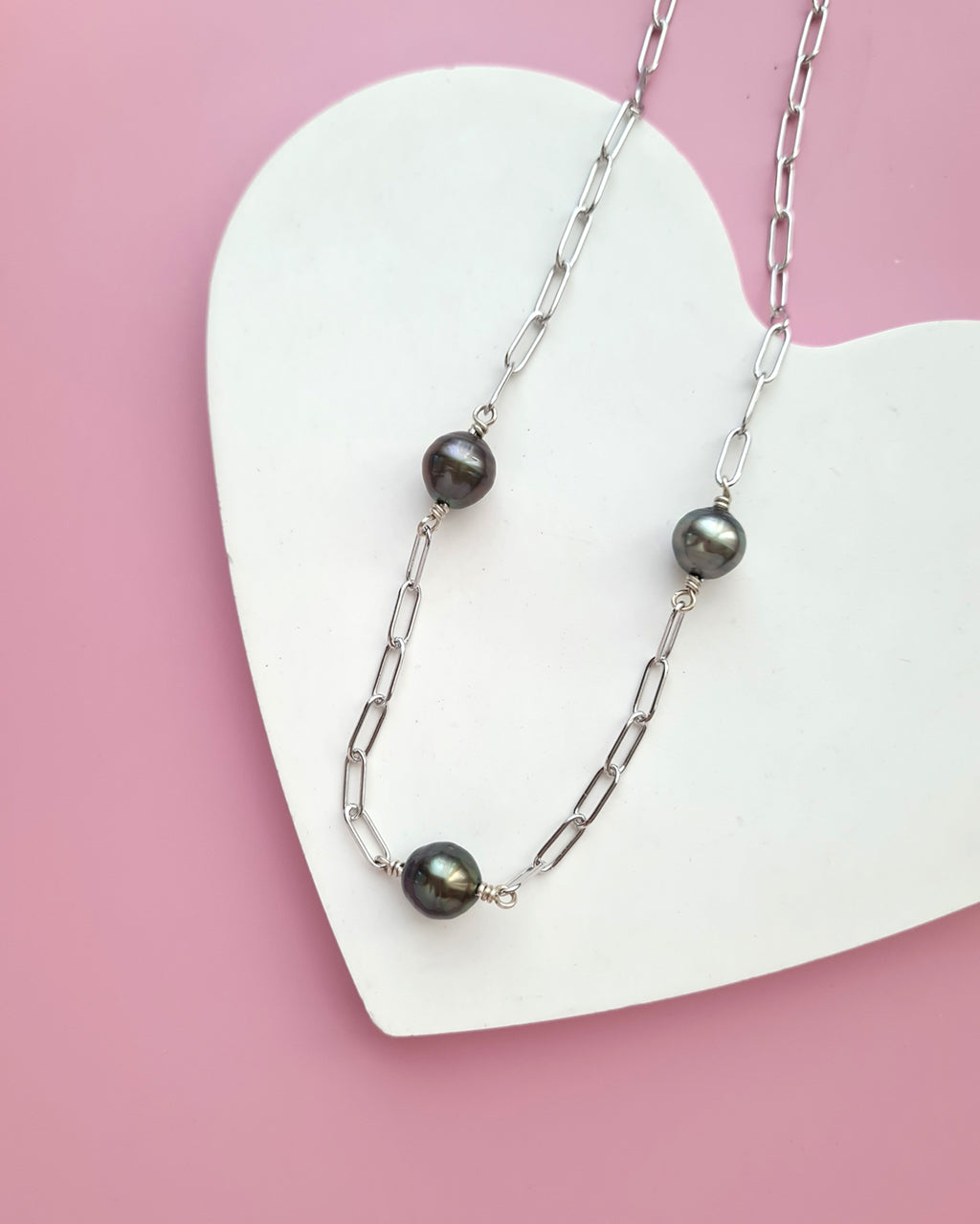 Triple Tahitian Pearl Thick Chain Necklace - Silver Pearl Jewelry in Singapore