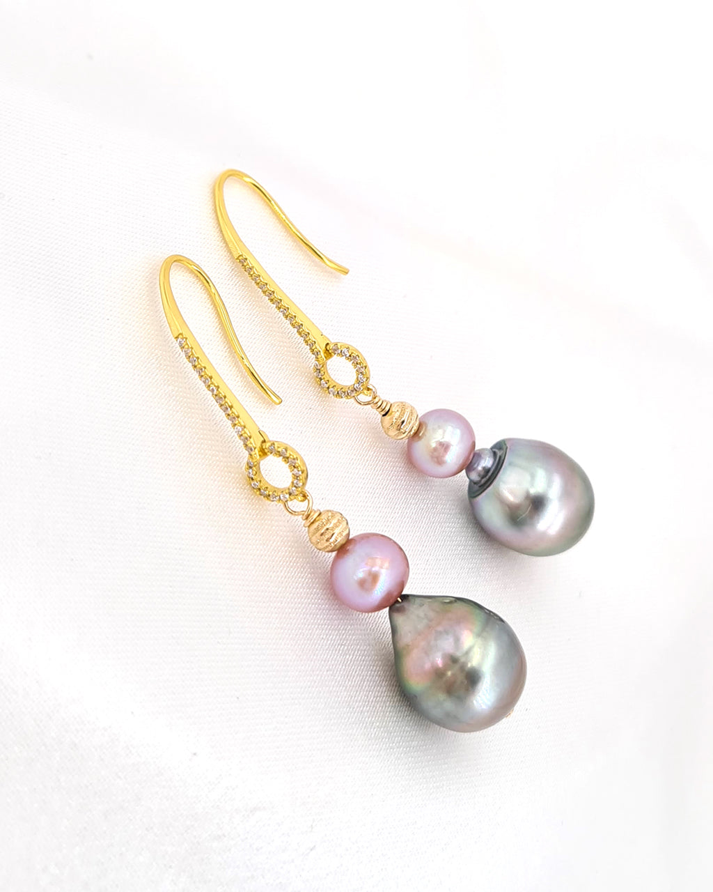 Tahitian Pearls and Pink Freshwater Pearl Long Earrings | Handmade Pearl Jewelry | Singapore