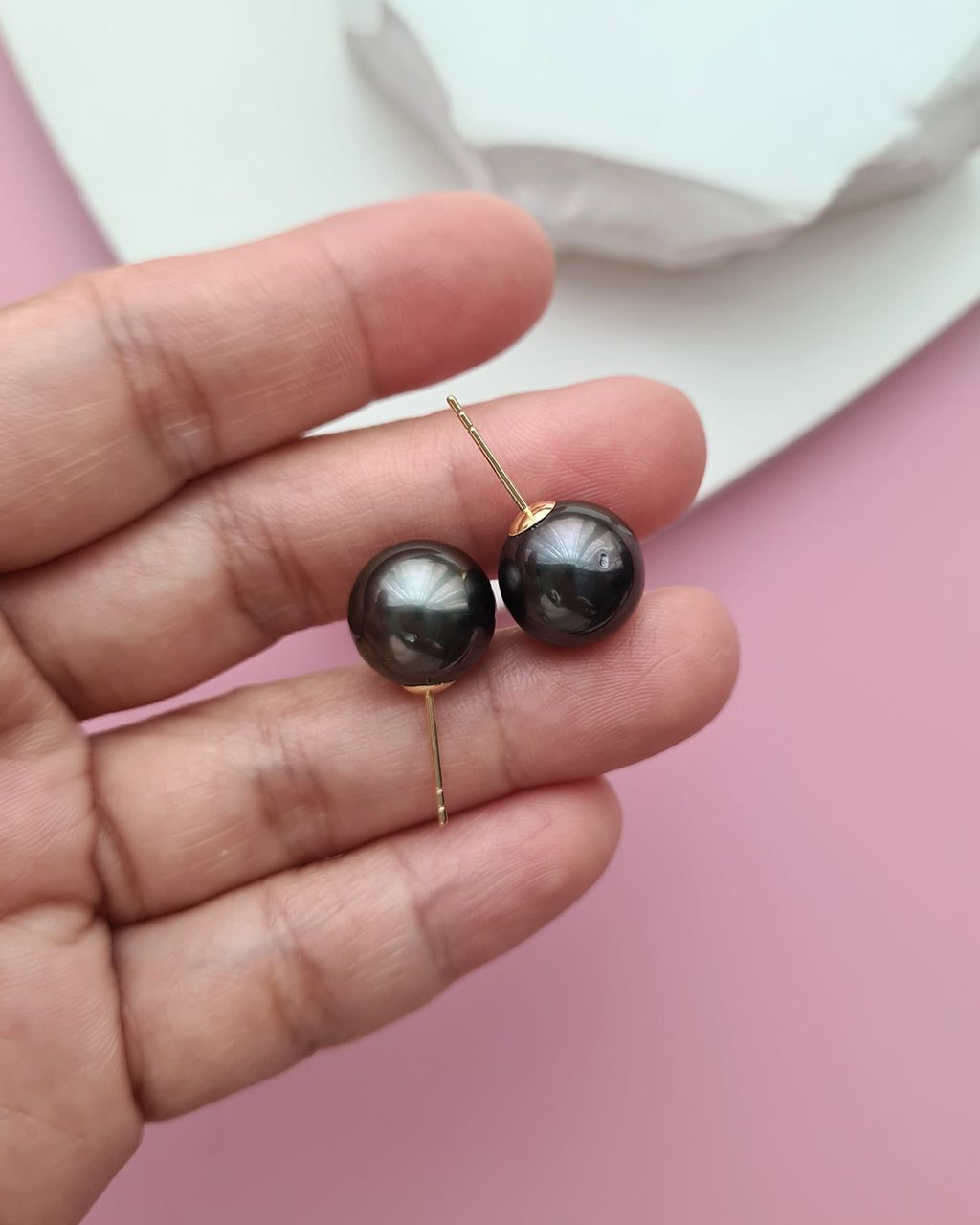 Tahitian Pearl 18K Gold Stud Earrings - 11mm Dark Green Black Pearl Jewelry in Singapore