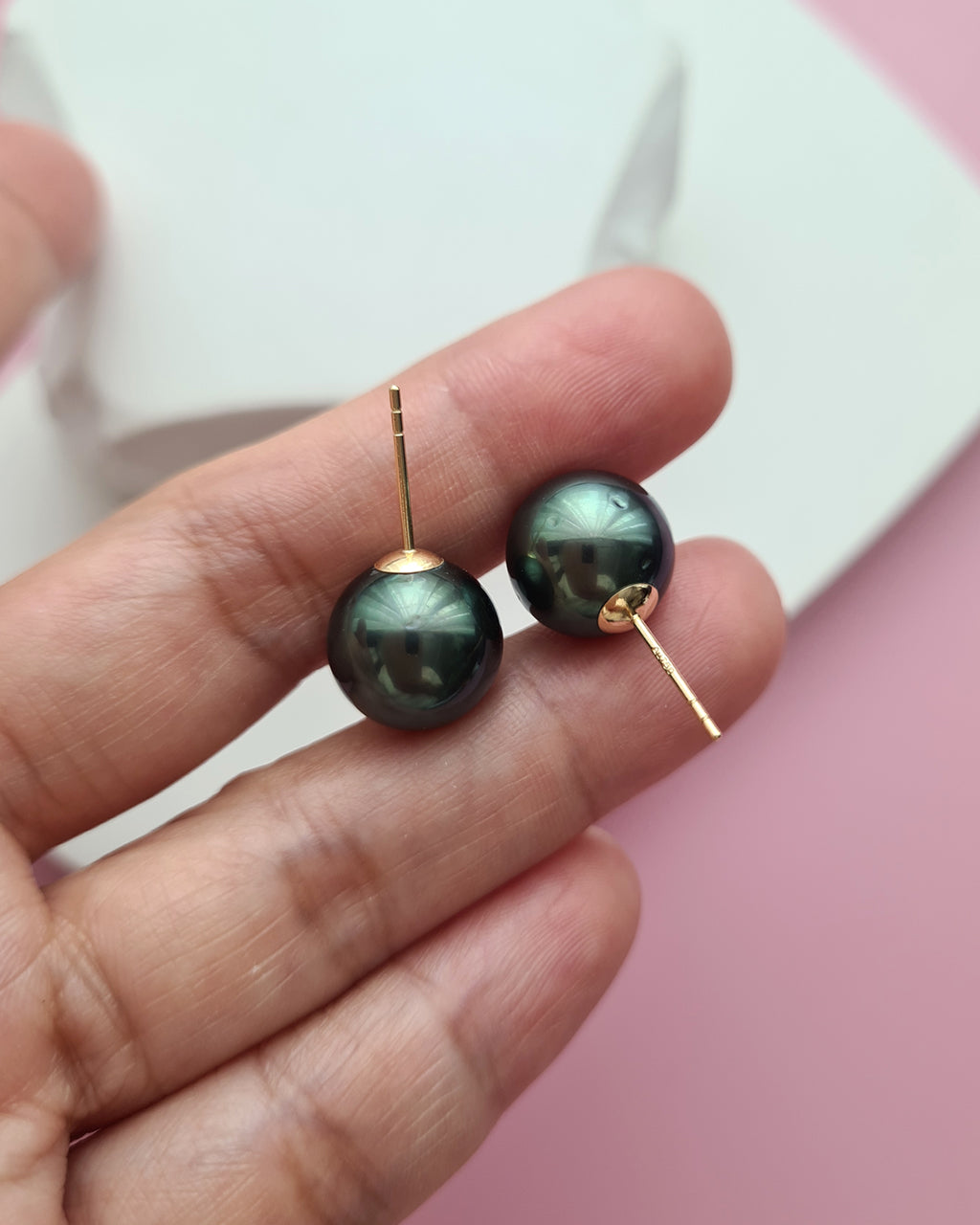 Green Tahitian Pearl 18K Gold Stud Earrings - 11mm Pearl Jewelry in Singapore