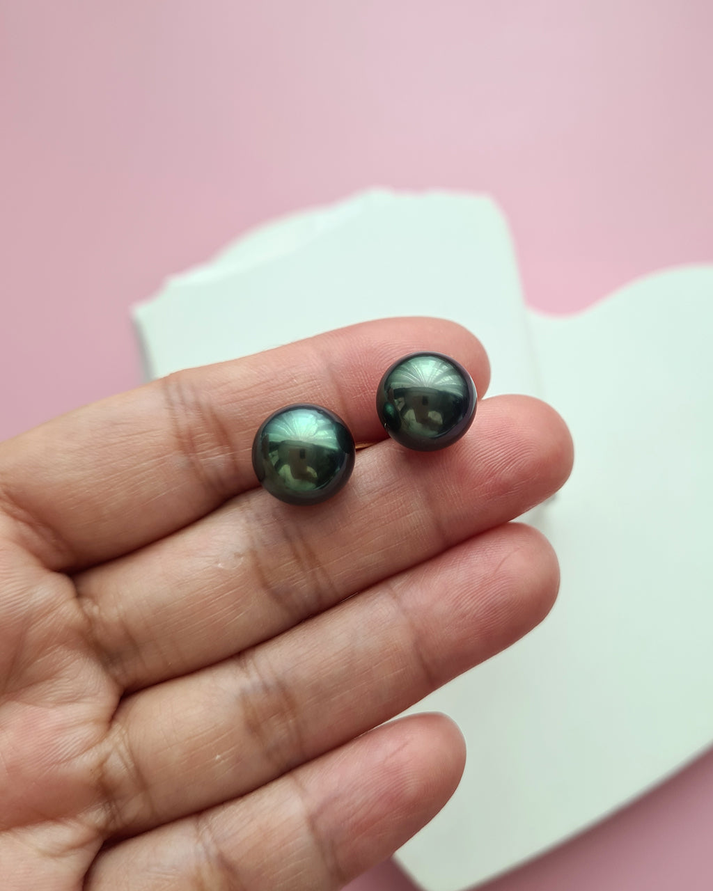 Green Tahitian Pearl 18K Gold Stud Earrings - 11mm Pearl Jewelry in Singapore