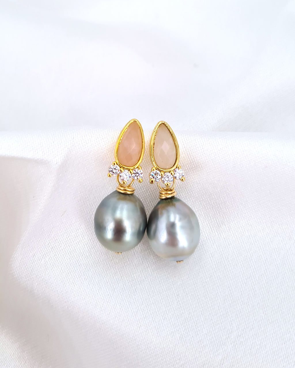Tahitian Teardrop Pearl Earrings - Rose Quartz | Grey Sea Pearl Jewelry | Handmade in Singapore
