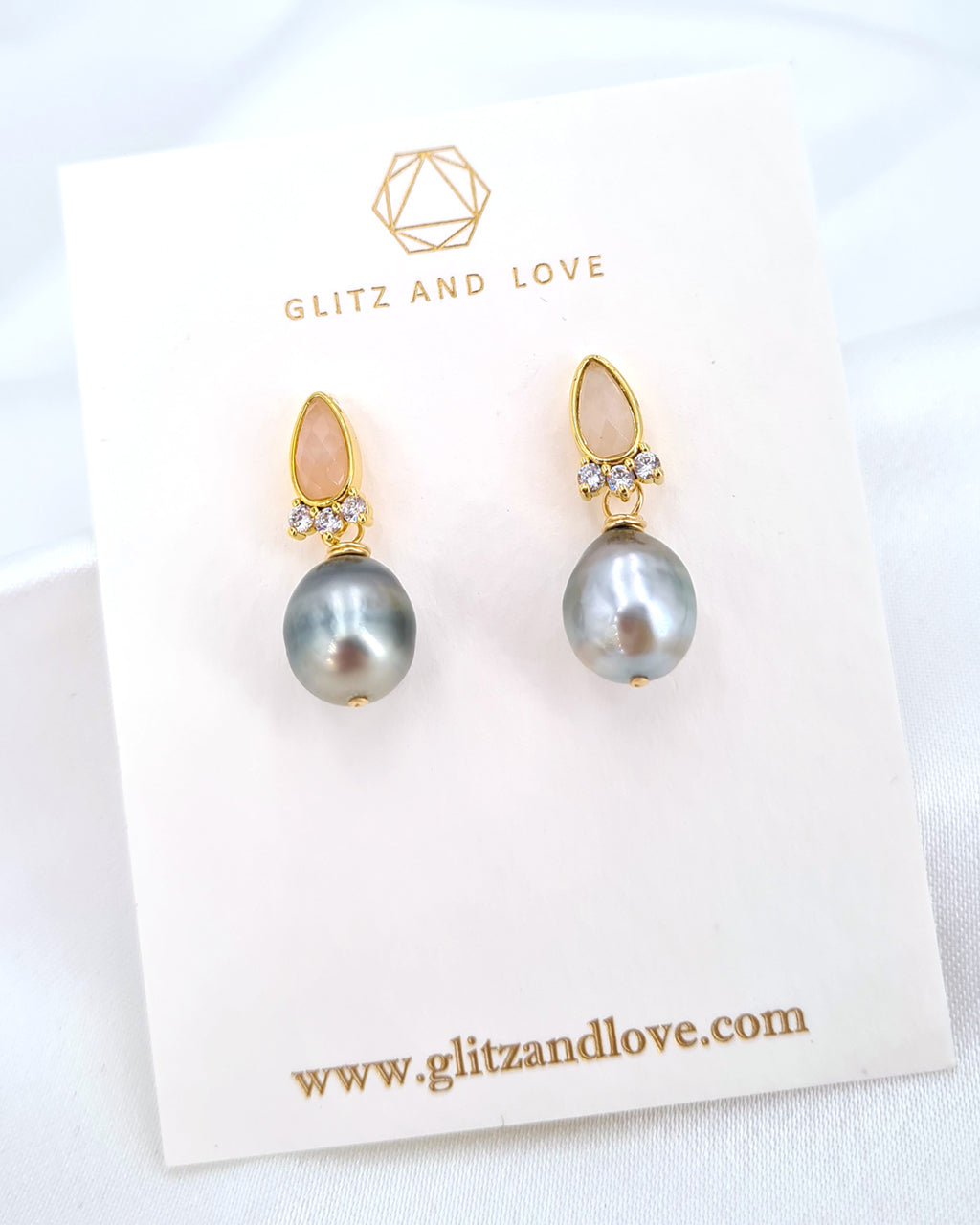 Tahitian Teardrop Pearl Earrings - Rose Quartz | Grey Sea Pearl Jewelry | Handmade in Singapore