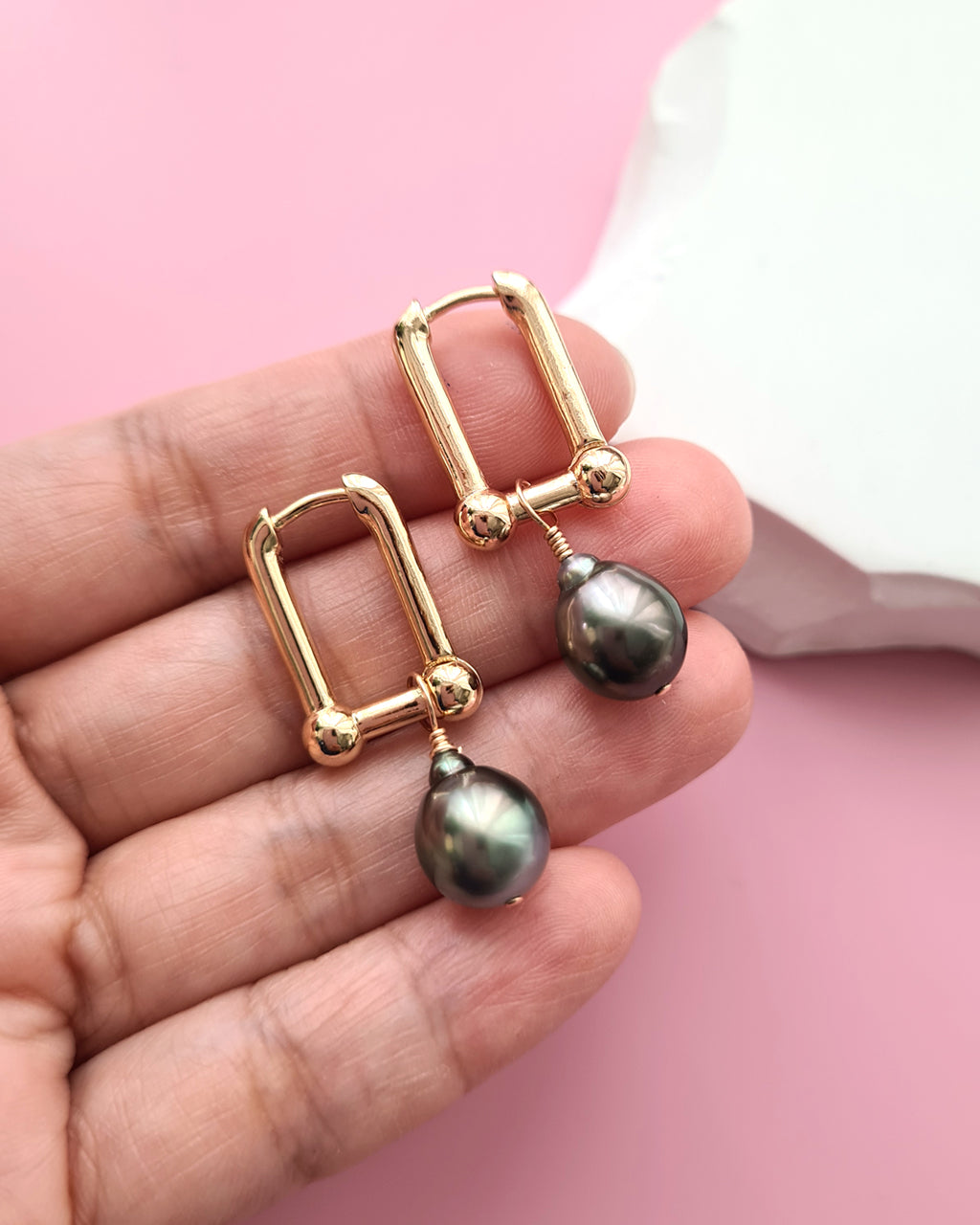 Tahitian Pearl Earrings with Horseshoe Chain Earrings Hoop | Pearl Jewelry Singapore