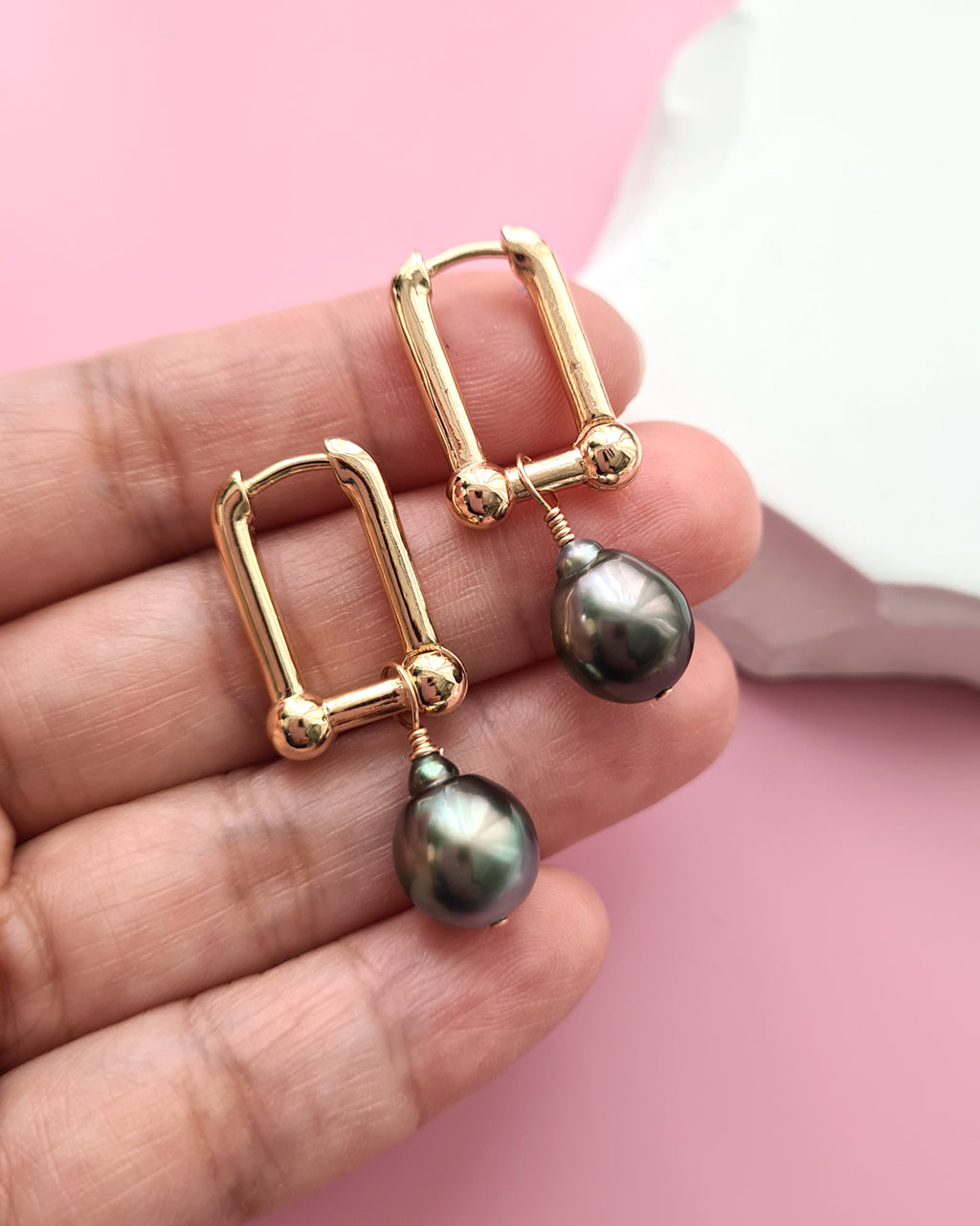 Tahitian Pearl Earrings with Horseshoe Chain Earrings Hoop | Pearl Jewelry Singapore