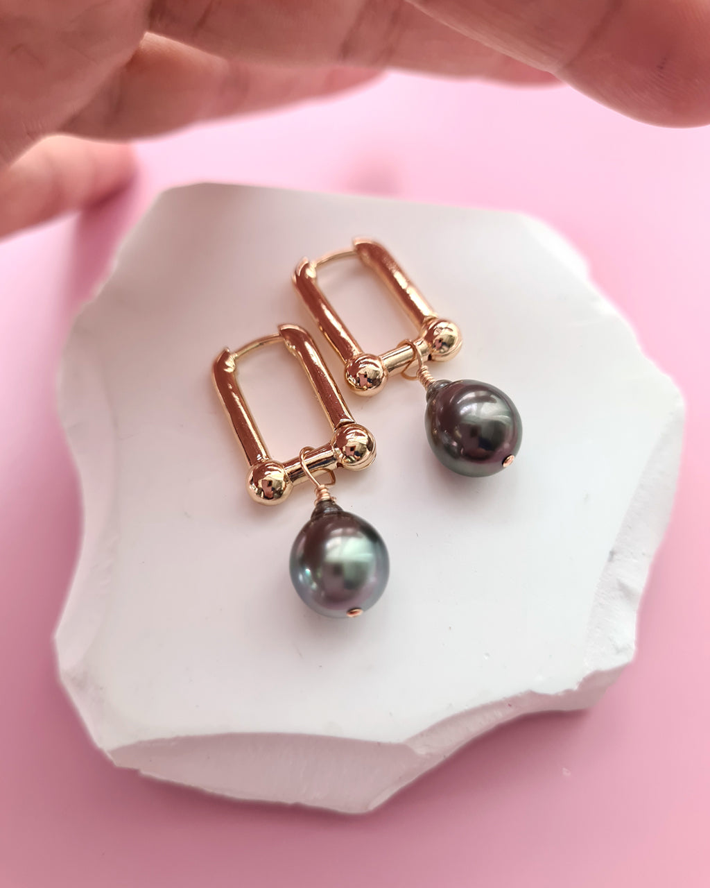 Tahitian Pearl Earrings with Horseshoe Chain Earrings Hoop | Pearl Jewelry Singapore