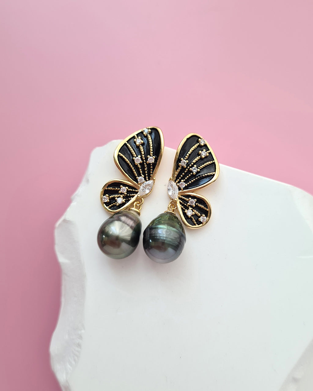 Tahitian Pearl Earrings - Black Gold Butterfly Sterling Silver Jewelry