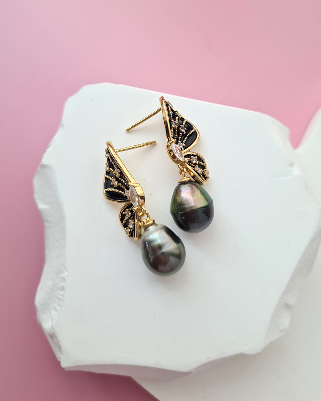 Tahitian Pearl Earrings - Black Gold Butterfly Sterling Silver Jewelry