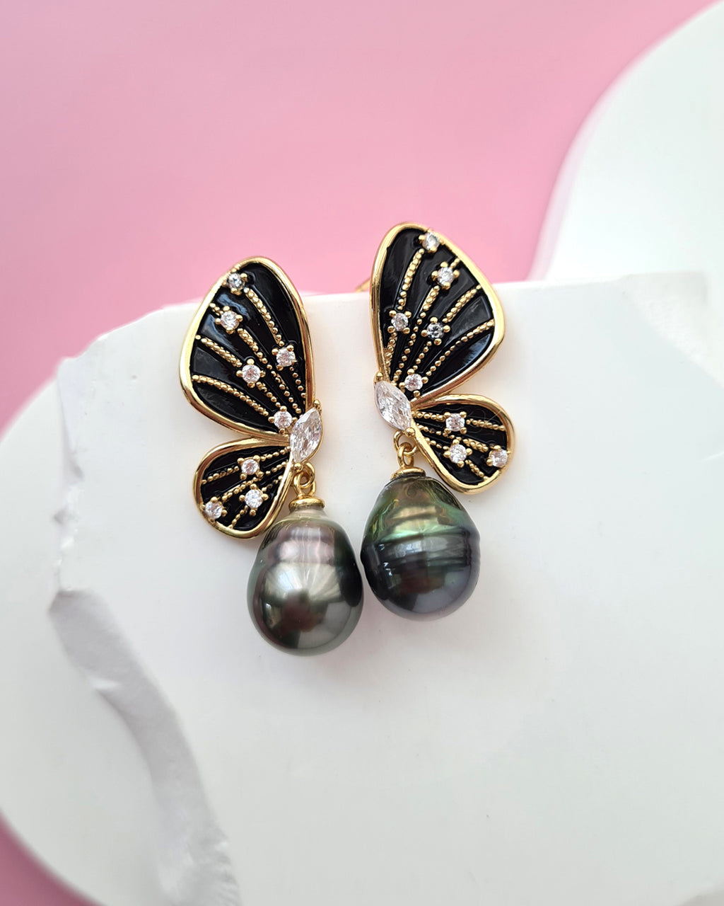 Tahitian Pearl Earrings - Black Gold Butterfly Sterling Silver Jewelry