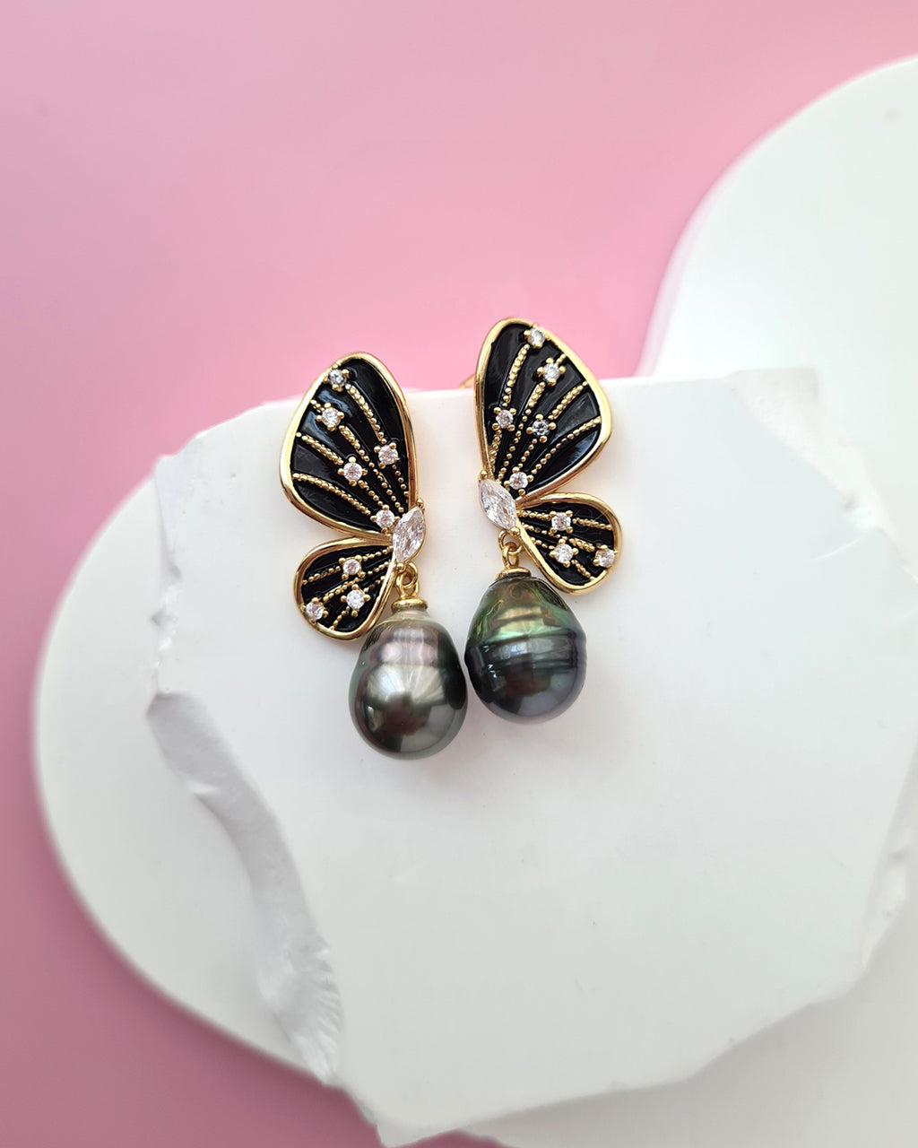 Tahitian Pearl Earrings - Black Gold Butterfly Sterling Silver Jewelry