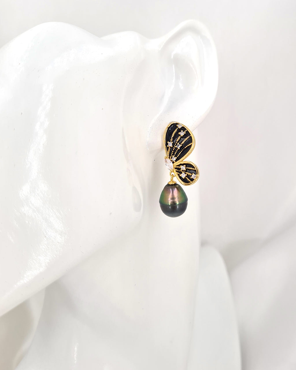 Tahitian Pearl Earrings - Black Gold Butterfly