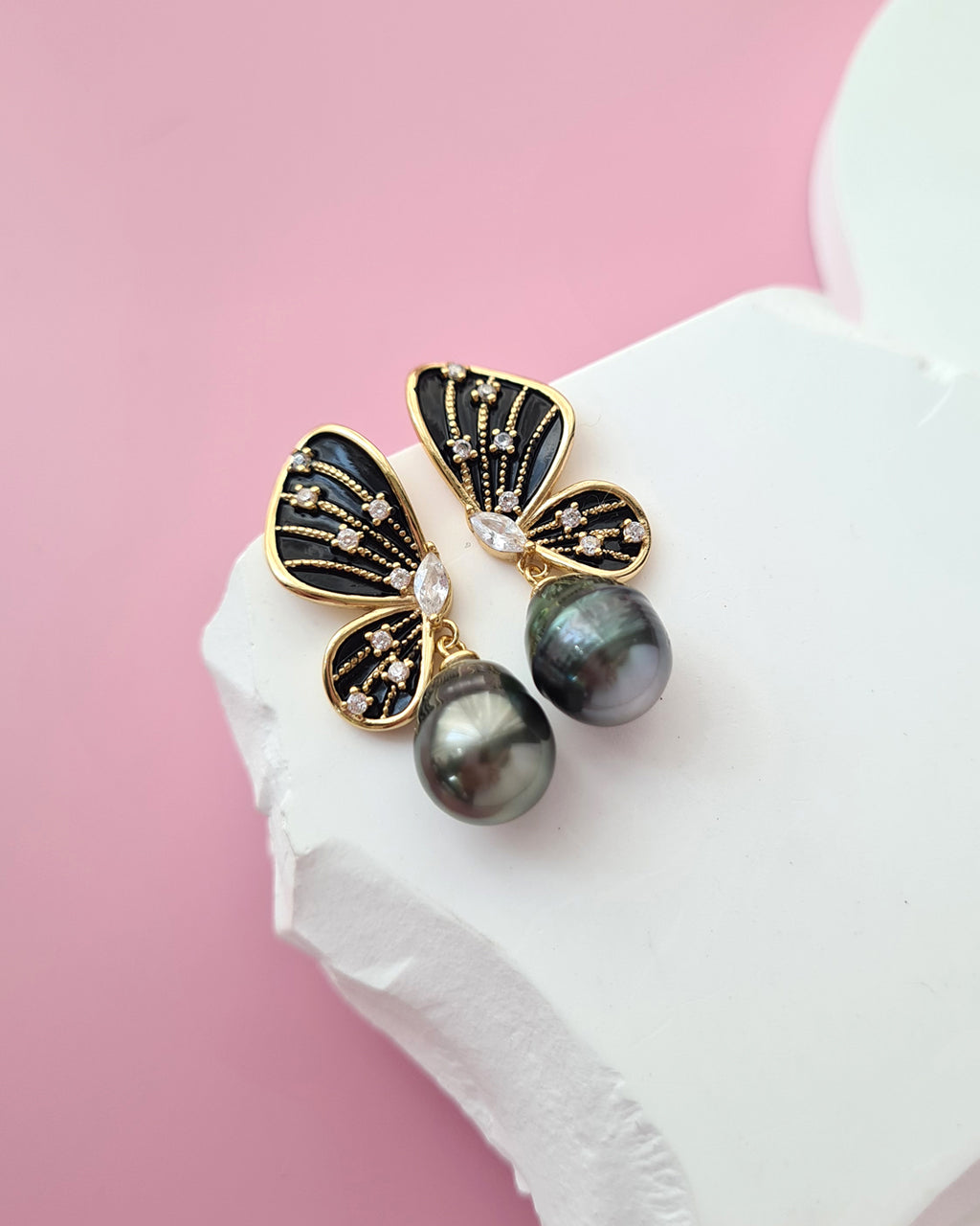 Tahitian Pearl Earrings - Black Gold Butterfly Sterling Silver Jewelry