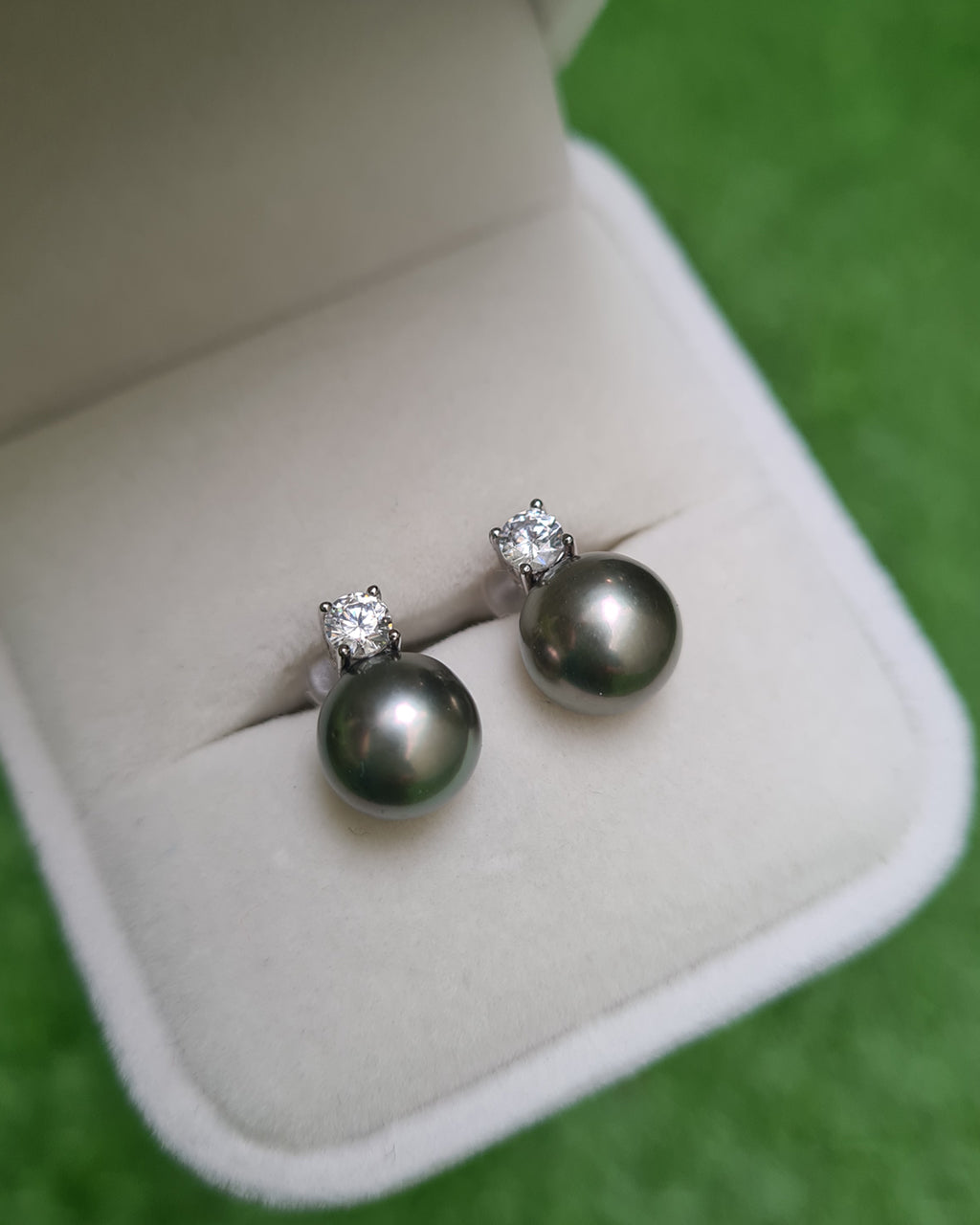 Tahitian Pearl Earrings - Greyish Green Round Tahitian Pearl Dainty Stud Earrings | Singapore