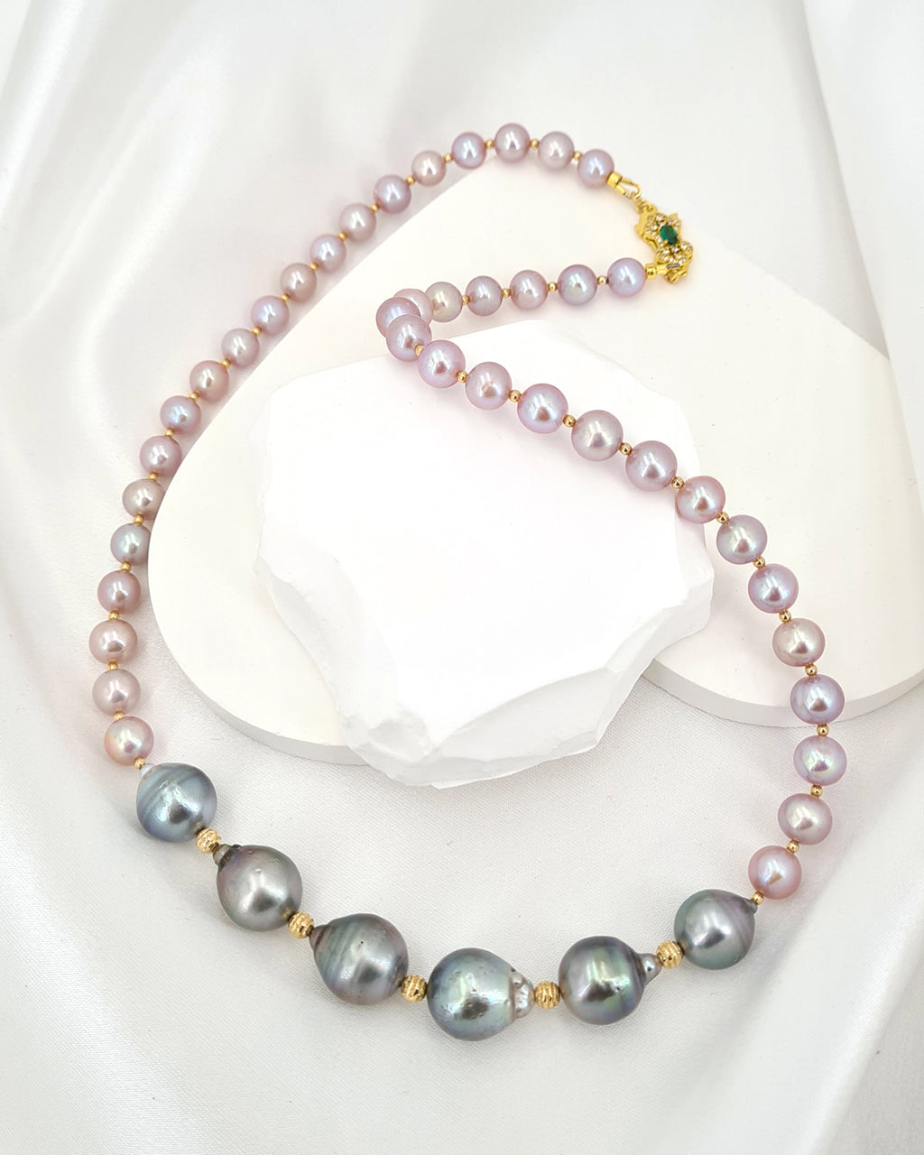 Tahitian Pearl Necklace with Grey Tahitian Pearl and Freshwater Pink Pearl | Handmade in Singapore