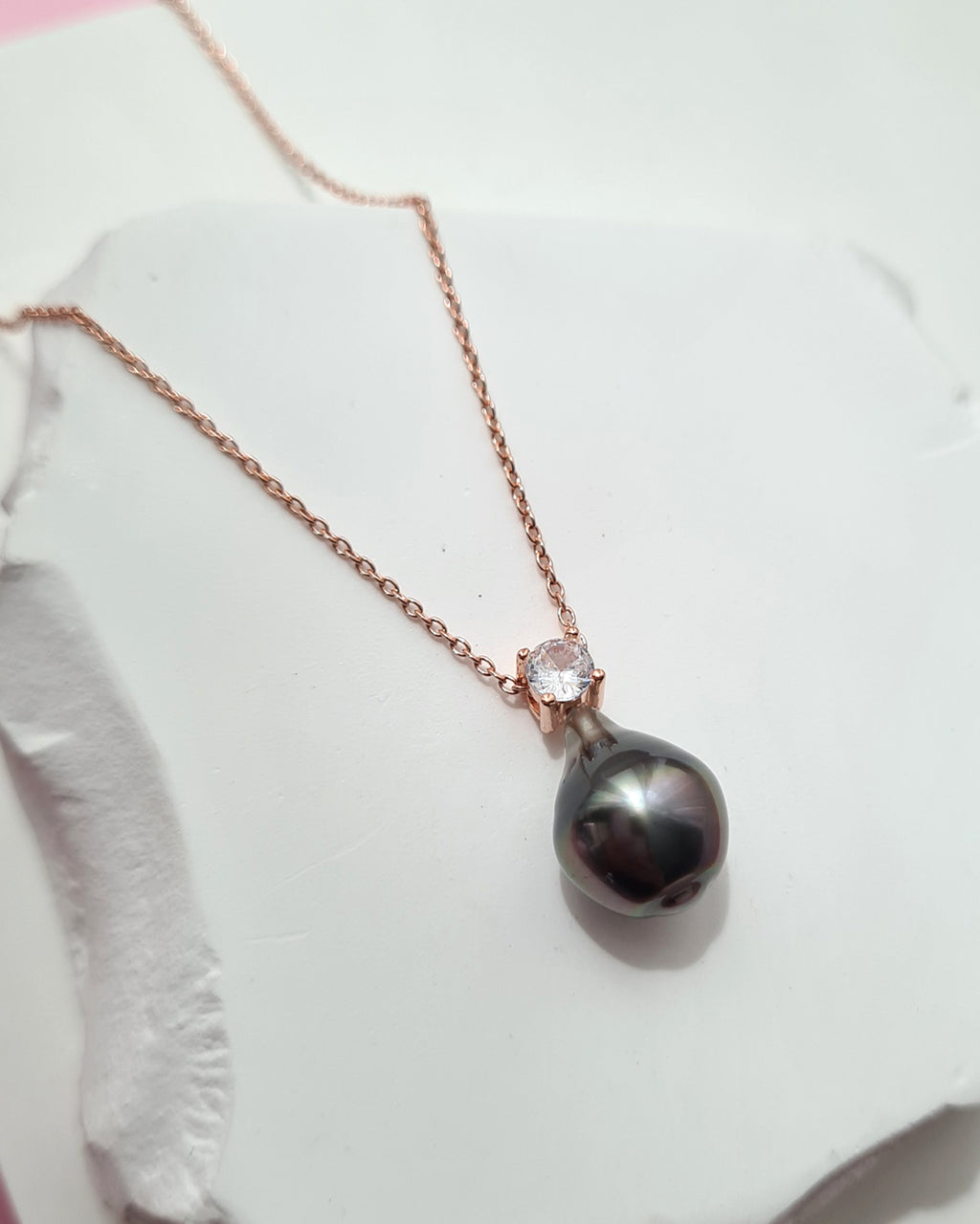 Tahitian Pearl Necklace - Rose Gold Minimalist Pearl Drop Pendant, Singapore jewelry