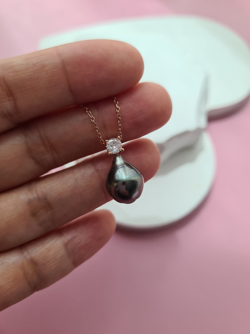 Tahitian Pearl Necklace - Rose Gold Minimalist Pearl Drop Pendant, Singapore jewelry