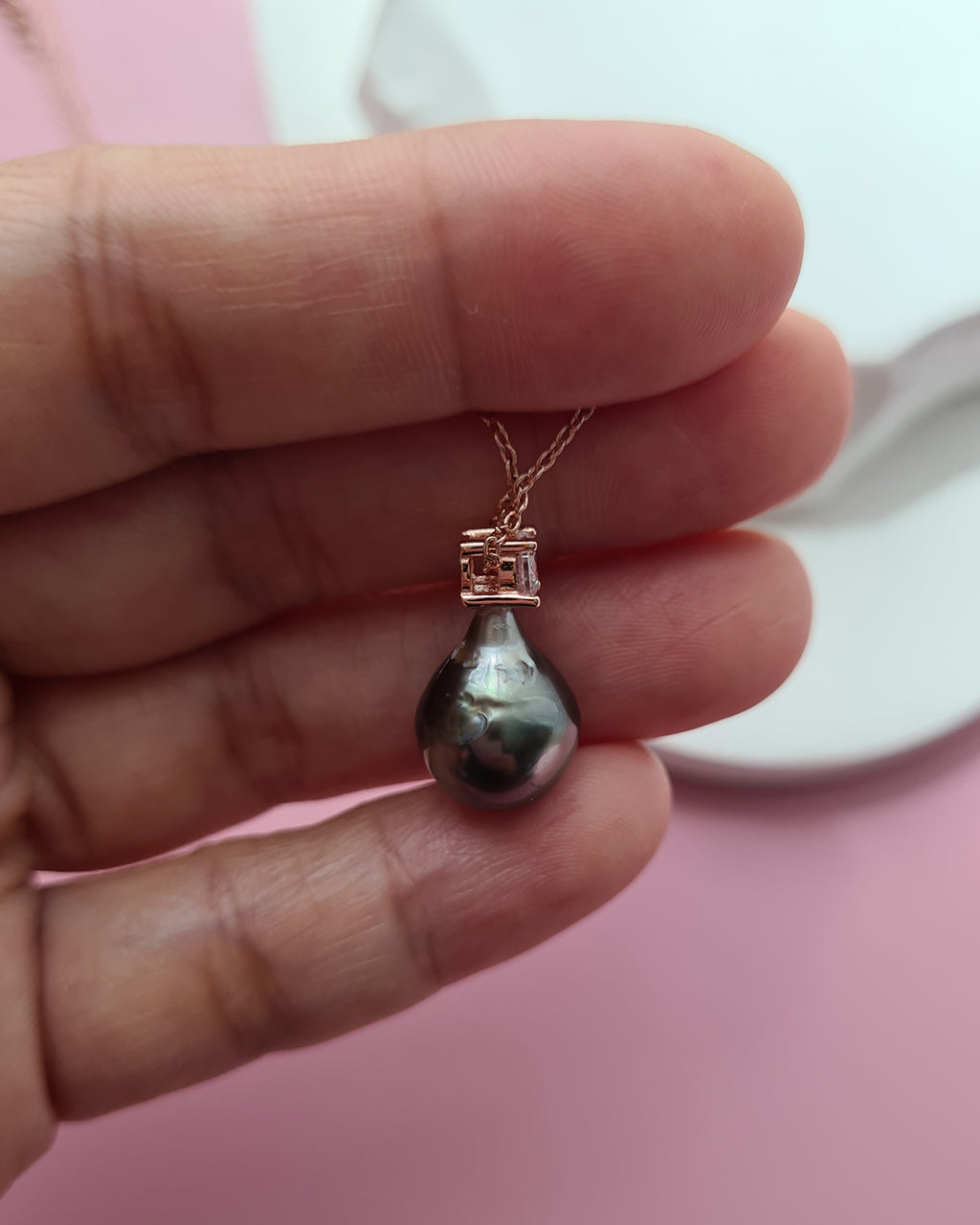 Tahitian Pearl Necklace - Rose Gold Minimalist Pearl Drop Pendant, Singapore jewelry