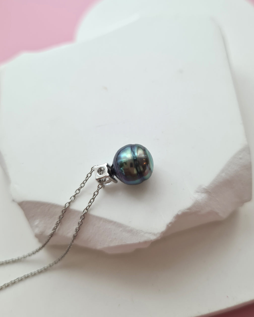 Tahitian Pearl Necklace - Blue Sheen Pearl Drop Pendant 9mm Pearl Jewelry in Singapore