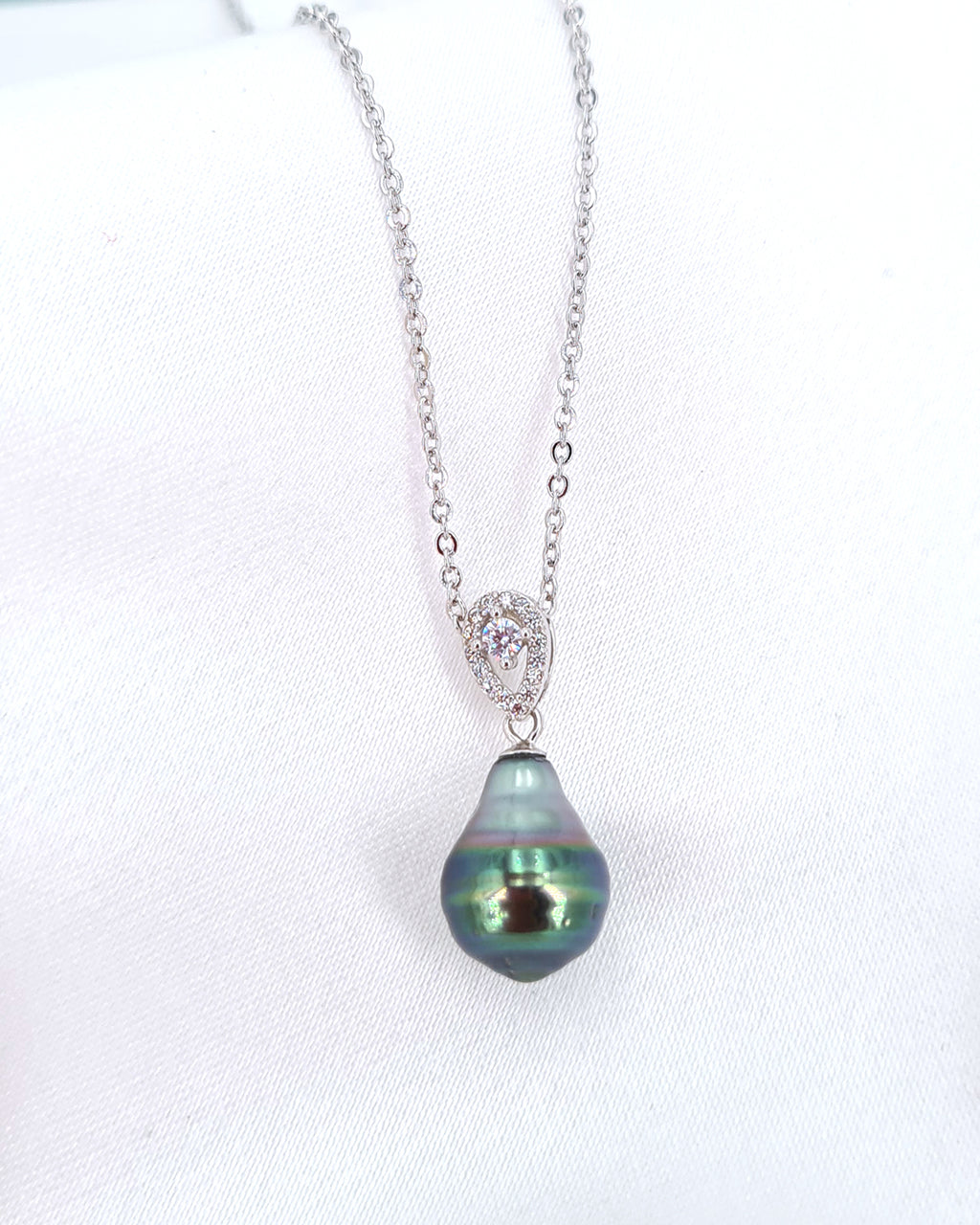Tahitian Pearl Pendant Necklace - Classy Peacock Green Teardrop Sea Pearl Jewelry