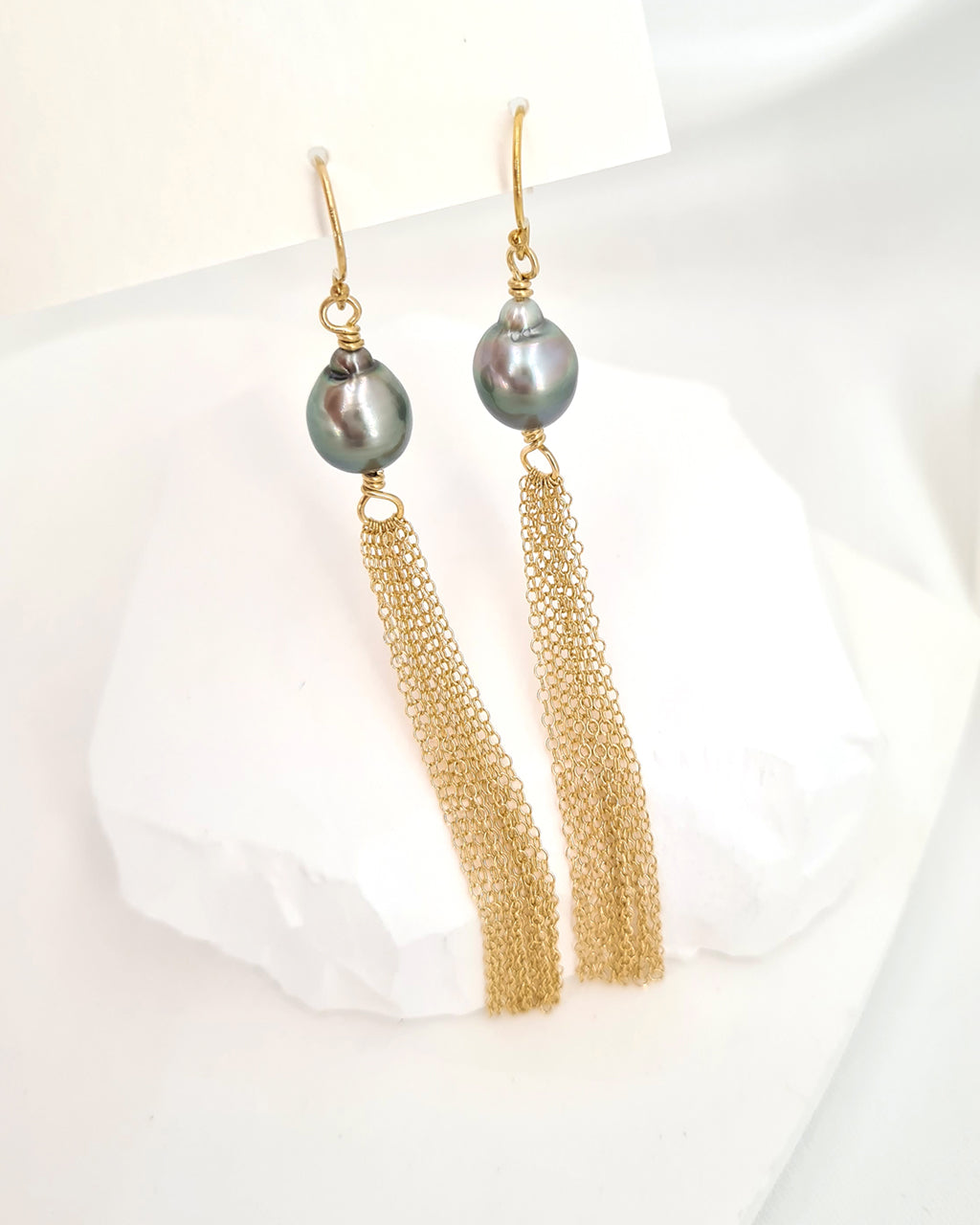 Tahitian Pearl Earrings, Grey Pearl Tassel Earrings 14k gold filled jewelry