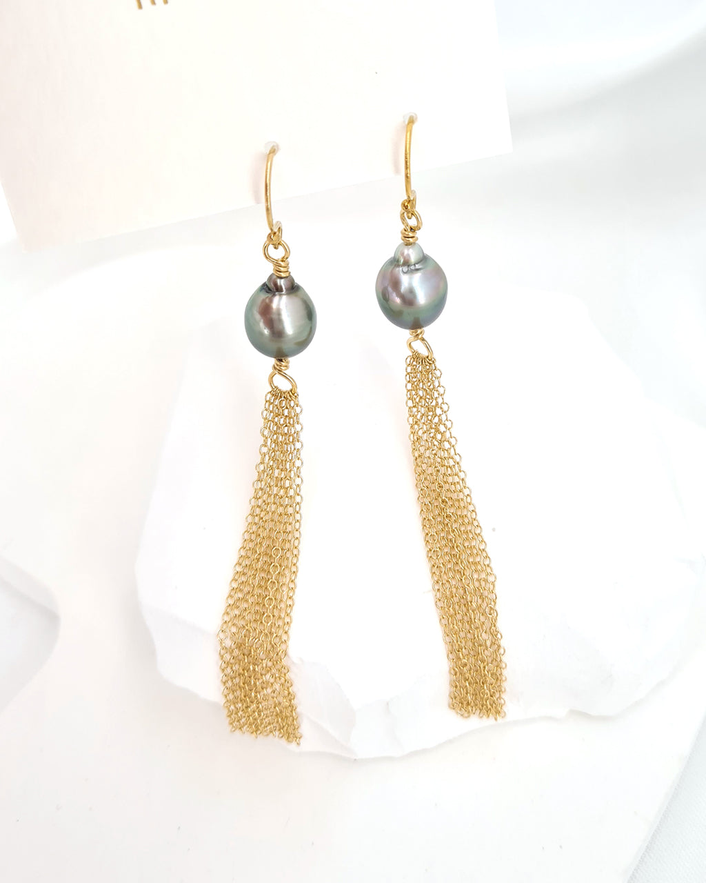 Tahitian Pearl Earrings, Grey Pearl Tassel Earrings 14k gold filled jewelry