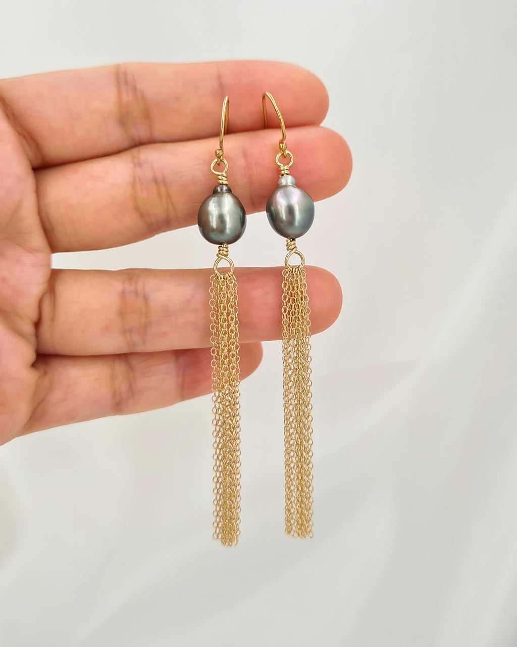 Tahitian Pearl Earrings, Grey Pearl Tassel Earrings 14k gold filled jewelry