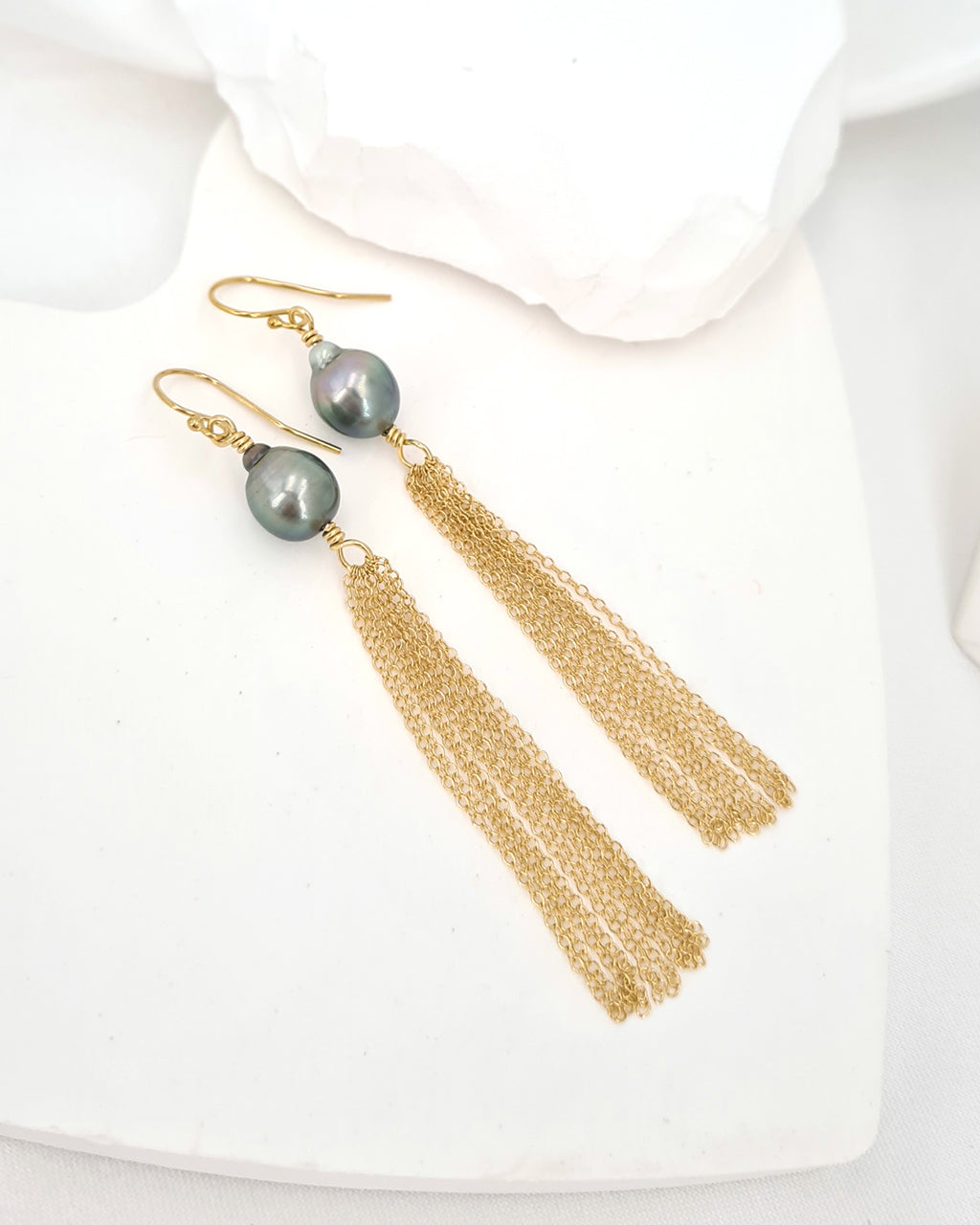 Tahitian Pearl Earrings, Grey Pearl Tassel Earrings 14k gold filled jewelry