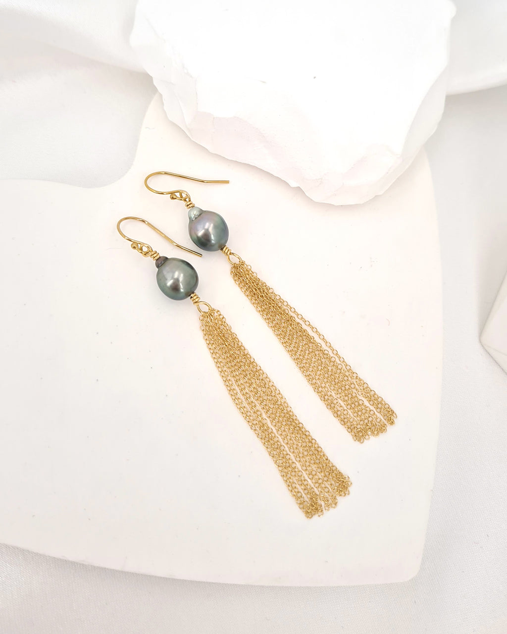 Tahitian Pearl Earrings, Grey Pearl Tassel Earrings 14k gold filled jewelry