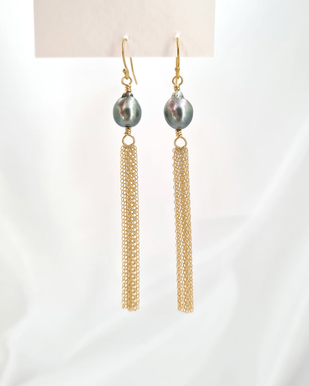 Tahitian Pearl Earrings, Grey Pearl Tassel Earrings 14k gold filled jewelry