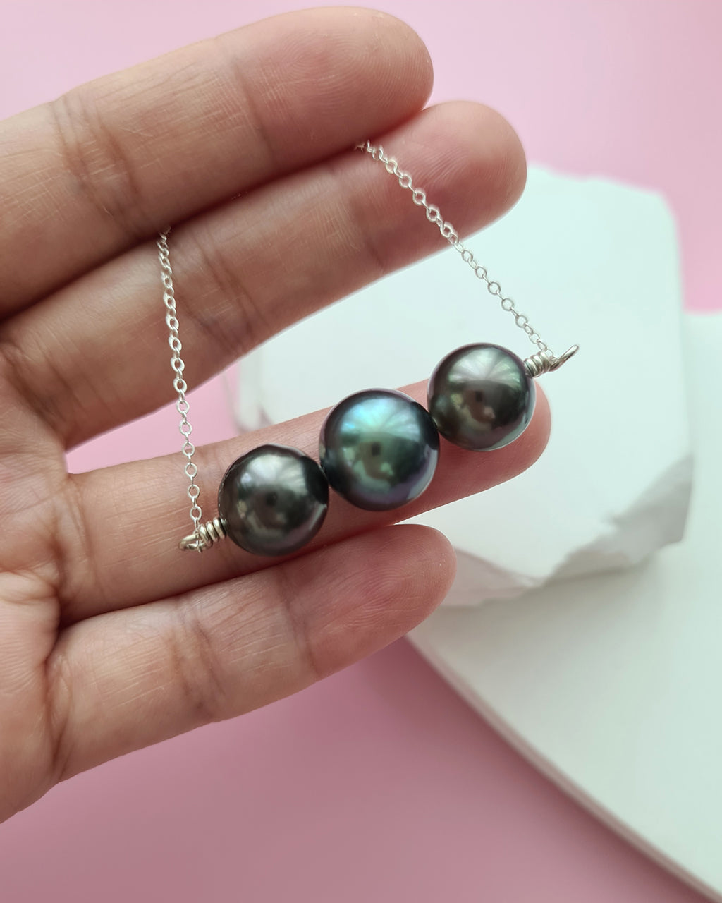 Tahitian Pearl Trio Necklace - 11mm+ & 12mm+ Pearl Jewelry Sterling Silver