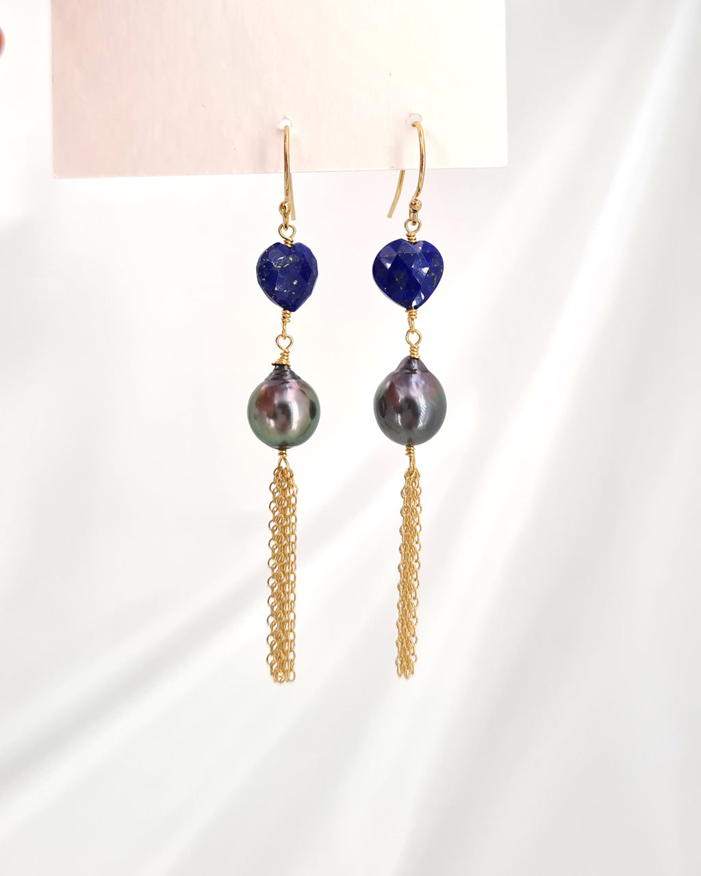 Tahitian Pearl Earrings - Blue Heart Earrings 14k gold filled handmade jewelry
