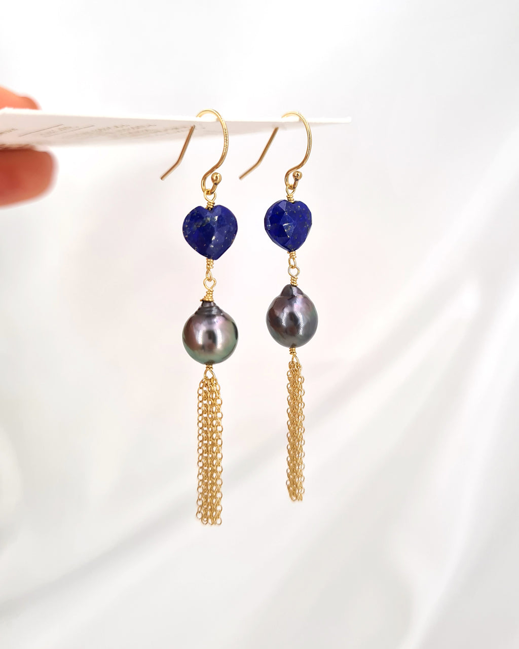Tahitian Pearl Earrings - Blue Heart Earrings 14k gold filled handmade jewelry