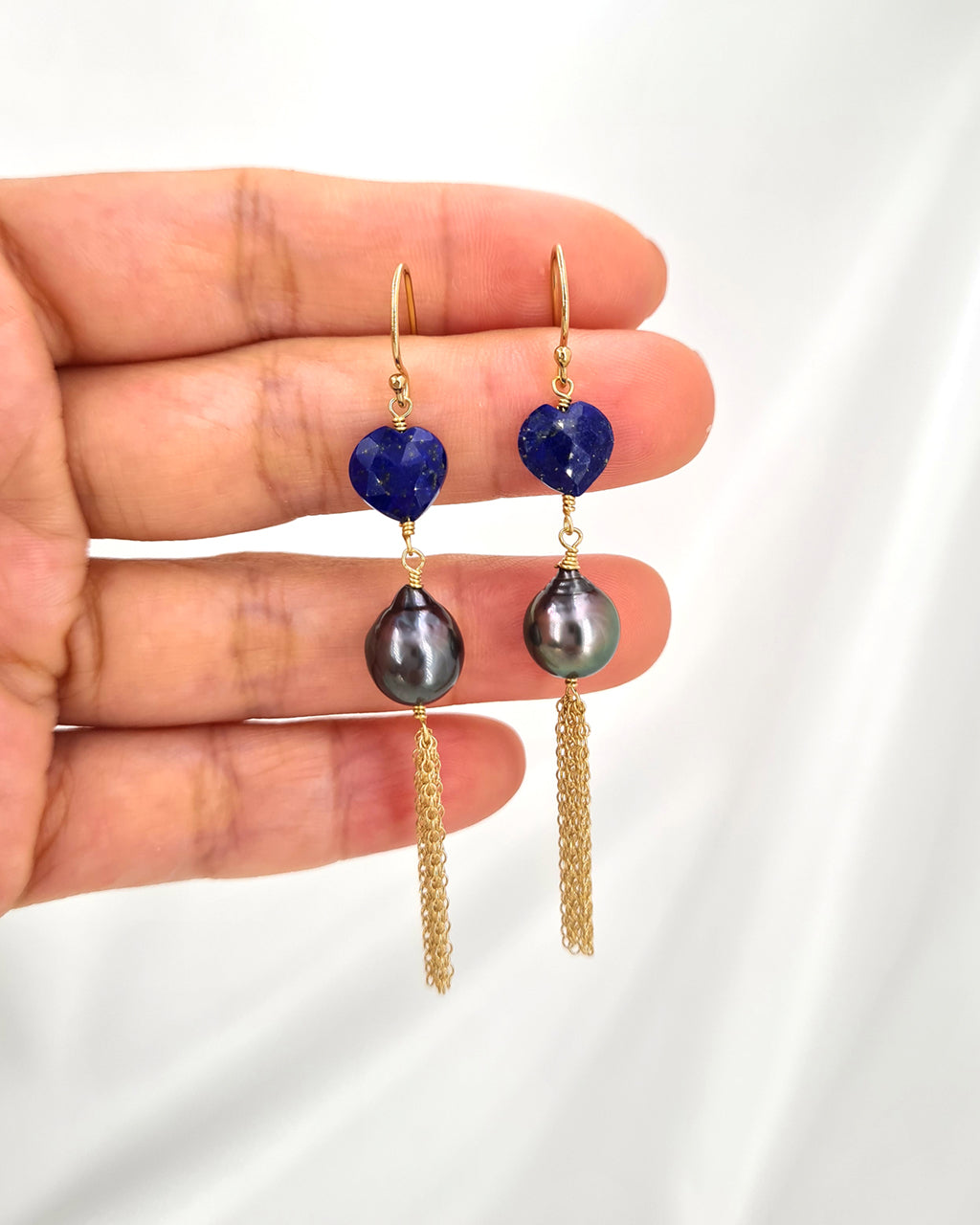 Tahitian Pearl Earrings - Blue Heart Earrings 14k gold filled handmade jewelry