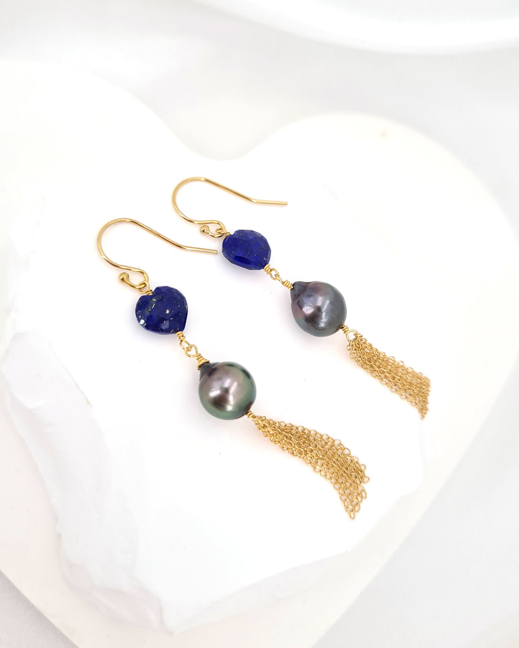 Tahitian Pearl Earrings - Blue Heart Earrings 14k gold filled handmade jewelry