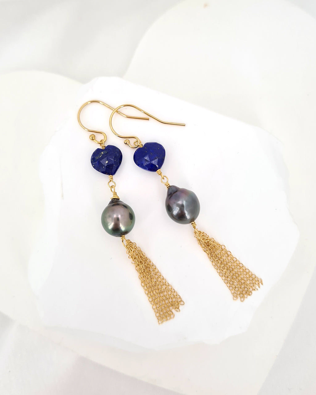 Tahitian Pearl Earrings - Blue Heart Earrings 14k gold filled handmade jewelry