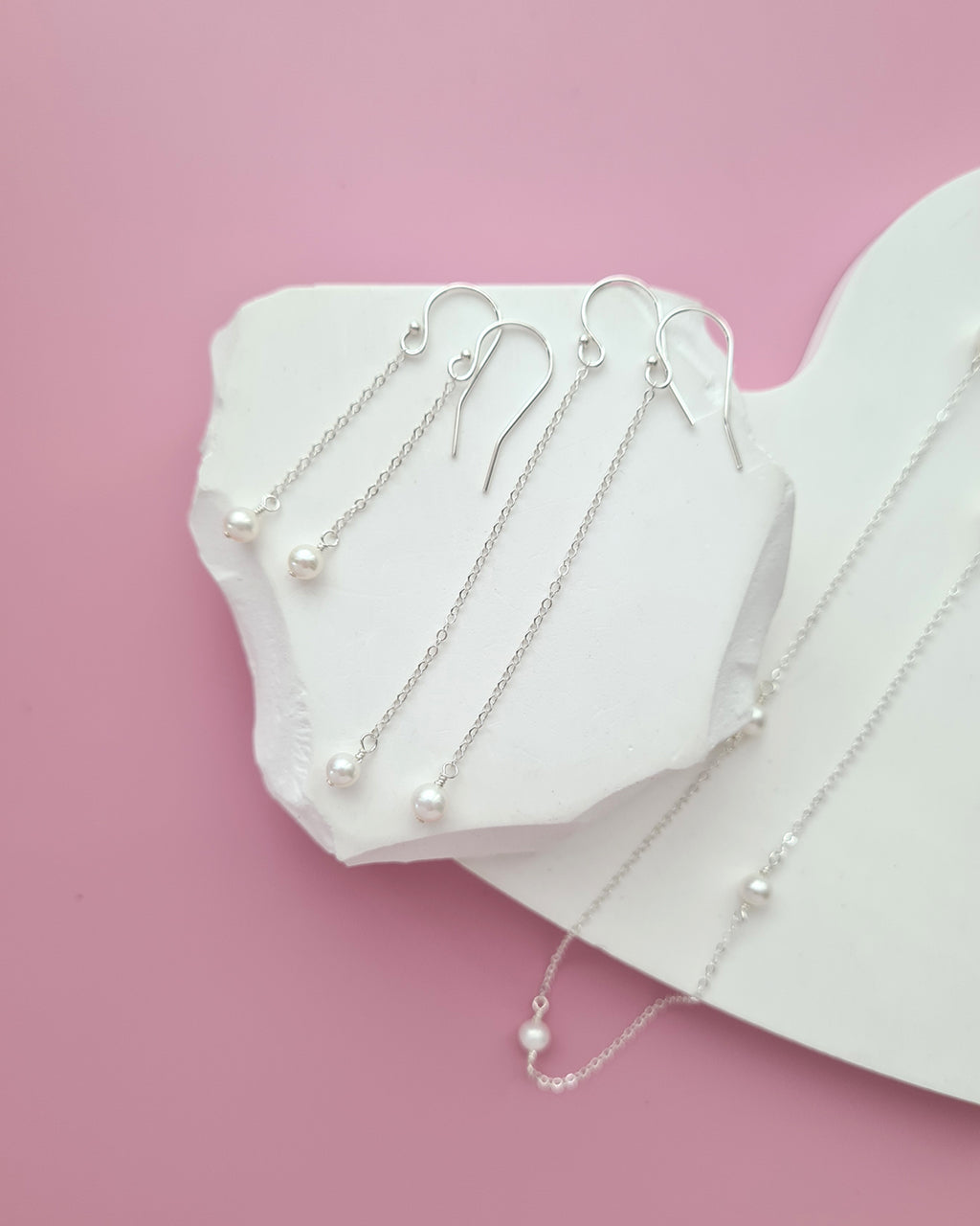 Tiny Pearl Floating Station Necklace Wedding Jewelry Set, Bracelet and Earrings, Timeless Pearl in Singapore