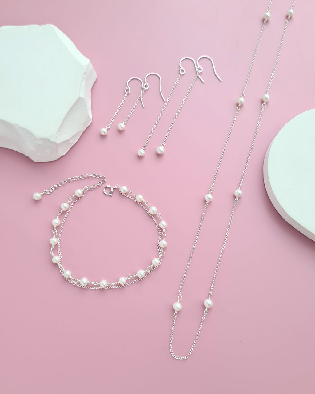 Tiny Pearl Floating Station Necklace Jewelry Set, Bracelet and Earrings, Timeless Pearl in Singapore