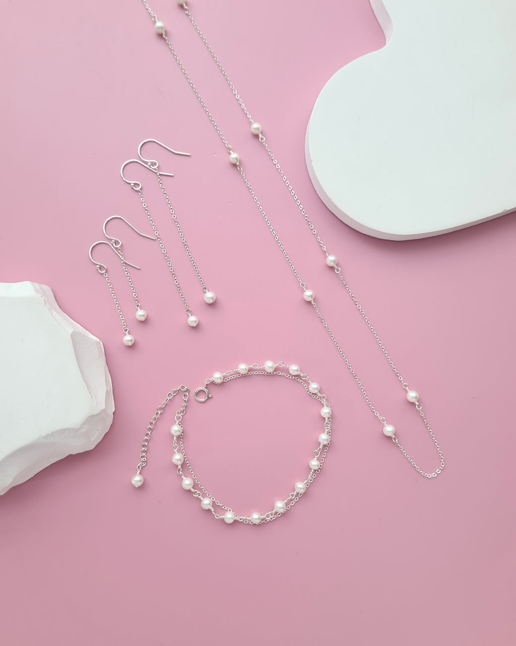 Tiny Pearl Floating Station Necklace Wedding Jewelry Set, Bracelet and Earrings, Timeless Pearl in Singapore