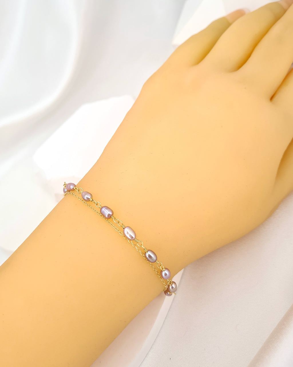 Tiny Pearl Bracelet - Purple Pearl Long Earrings in 14k Gold Filled Jewelry, Handmade in Singapore