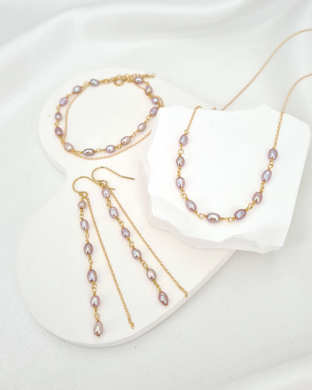 Tiny Pearl Earrings Necklace Bracelet - Small Purple Pearl 14k Gold Filled Bracelet Handmade in Singapore