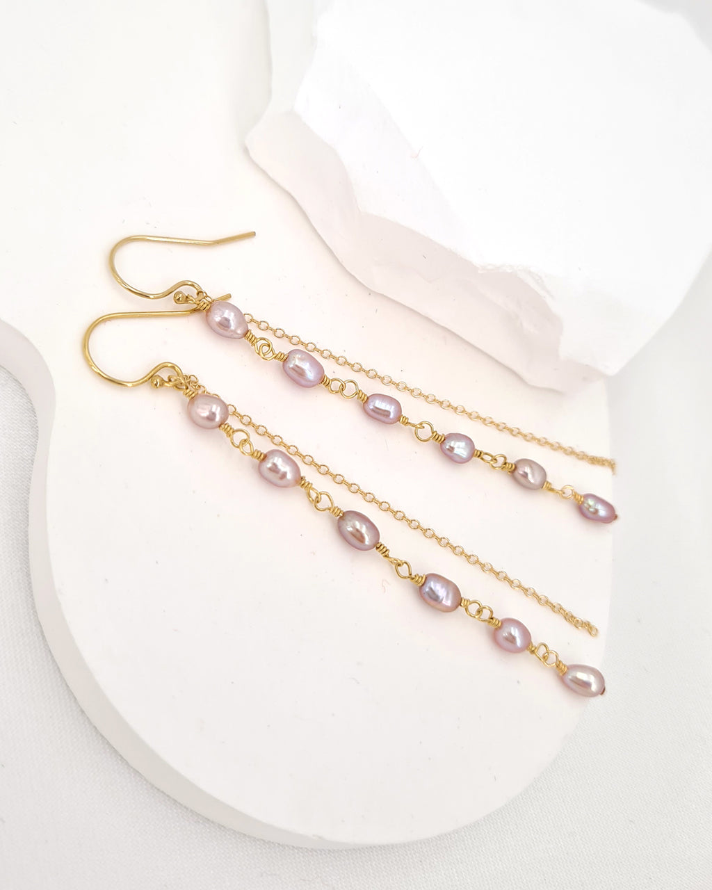 Tiny Pearl Earrings - Purple Pearl Long Earrings in 14k Gold Filled Jewelry, Handmade in Singapore