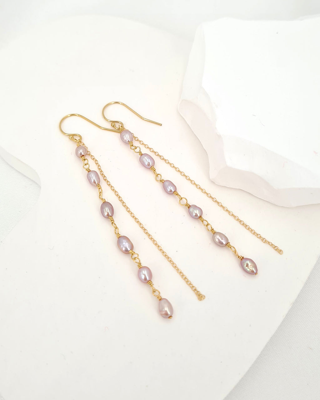 Tiny Pearl Earrings - Purple Pearl Long Earrings in 14k Gold Filled Jewelry, Handmade in Singapore